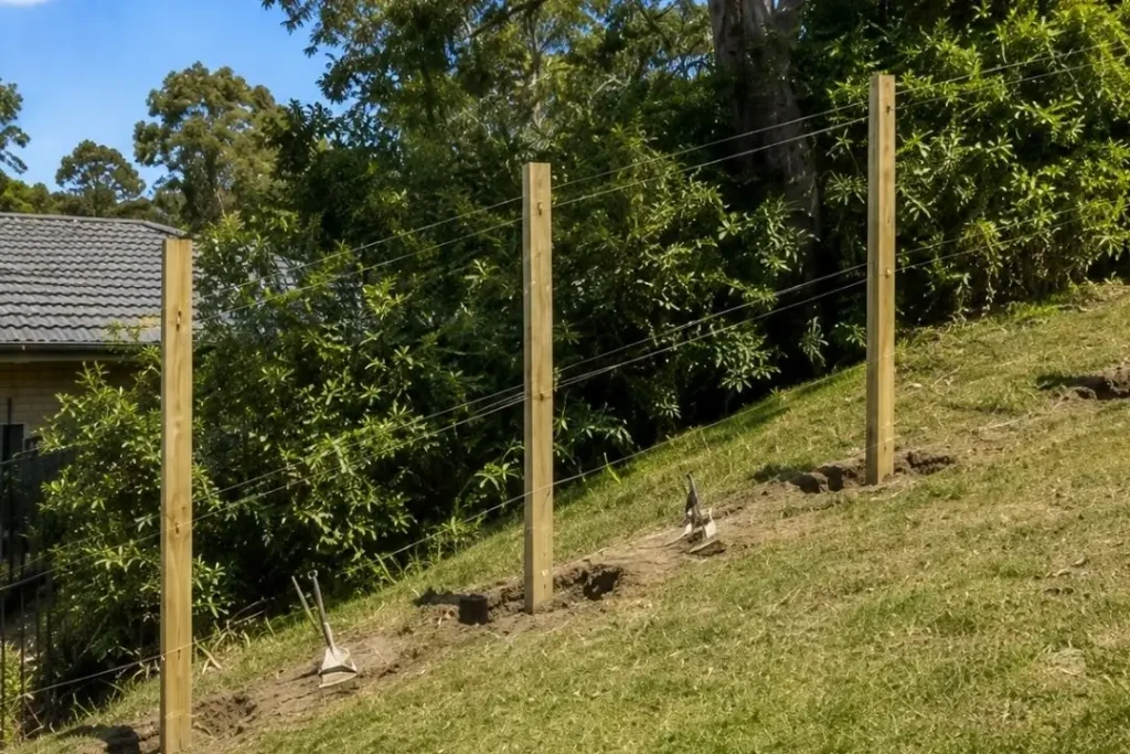 fence posts being set on a slope